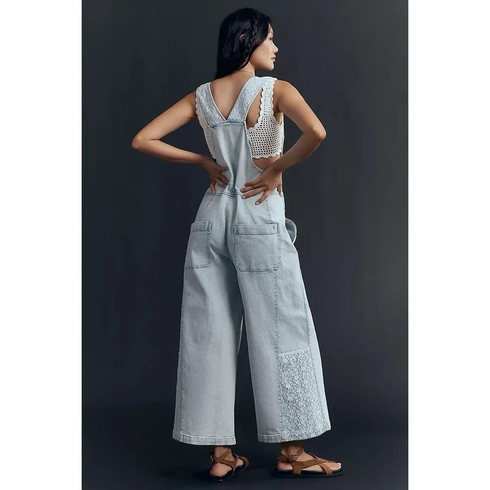 Pilcro Anthropologie Overalls Womens L Front Zip Wide Leg Jumpsuit Cropped Boho - Picture 1 of 16